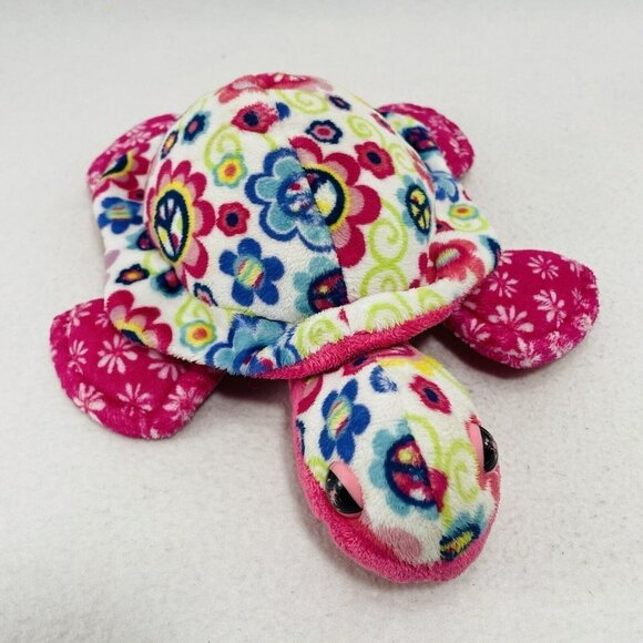 Douglas Cuddle Toy Sea Turtle Tortoise Plush 12” Pink Flower Peace Sign Colorful - Picture 1 of 8